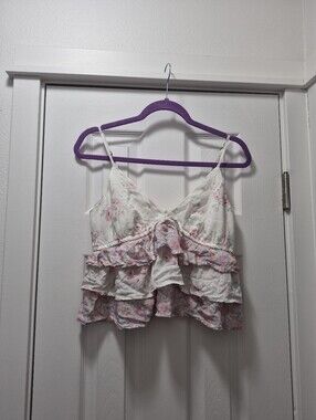 Hollister White Floral Ruffle Tiered Cami with Pastel Accents